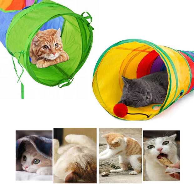 Cat Tunnel, Cat Tubes for Indoor Cats Collapsible Cat Play Toy for Puzzle Exercising Hiding Training and Running with a Red Fun Ball and 2 Holes (25&120Cm) (Colorful)