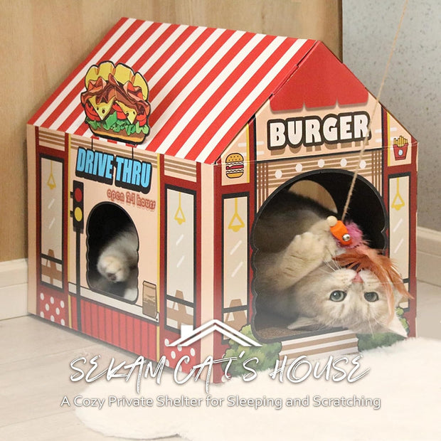 Cardboard Cat House with Scratcher/Catnip,(16.5''X12''X15'') Kitty Burger Shop for Indoor/Outdoor Cats,Cat Play House&Home Decor,Cat Scratch Toy for Cat Birthday,Hideout for Bunny&Small Animals