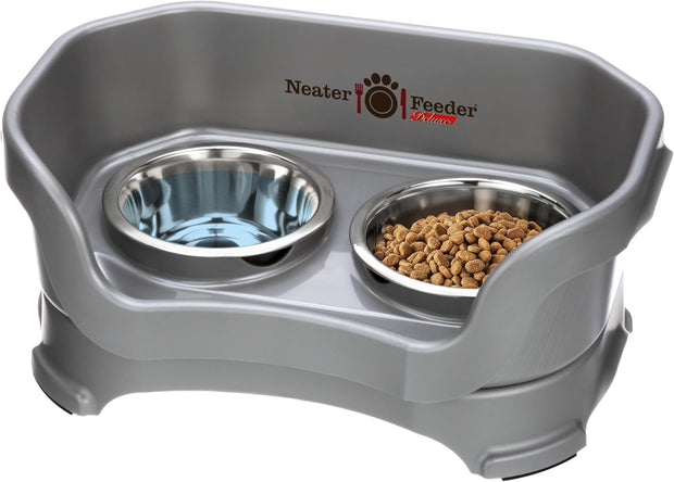 Neater Feeder Deluxe Small Mess Proof Feeder for Small Dogs & Cats, 1-1/2 Cup Food & 2-1/4 Cup Water Stainless Steel Bowls, Elevated, No Spill, Non-Tip, Non-Slip. Made in USA