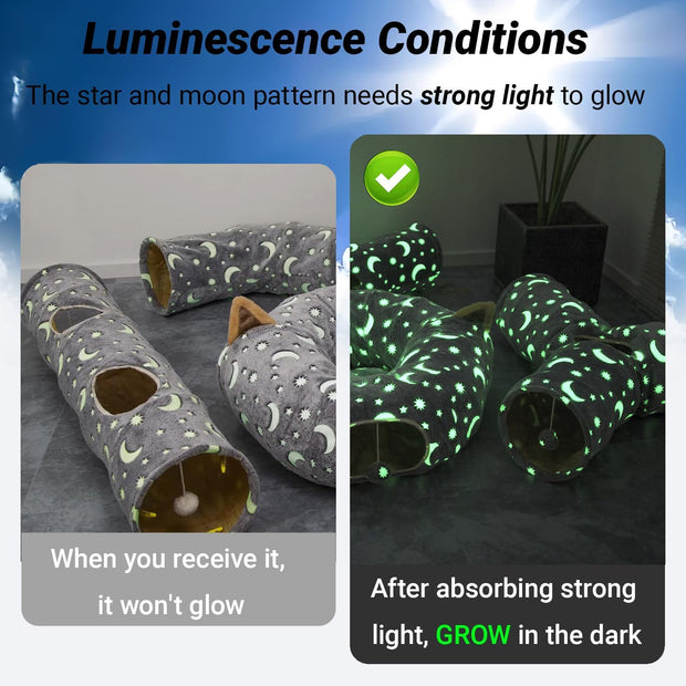 Cat Tunnel Tube with Plush Ball Toys Collapsible Self-Luminous Photoluminescence, for Small Animals Pets Bunny Rabbits, Kittens, Ferrets,Puppy and Dogs Grey Moon Star