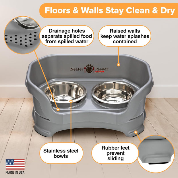 Neater Feeder Deluxe Small Mess Proof Feeder for Small Dogs & Cats, 1-1/2 Cup Food & 2-1/4 Cup Water Stainless Steel Bowls, Elevated, No Spill, Non-Tip, Non-Slip. Made in USA