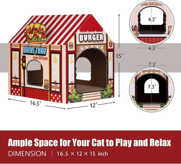 Cardboard Cat House with Scratcher/Catnip,(16.5''X12''X15'') Kitty Burger Shop for Indoor/Outdoor Cats,Cat Play House&Home Decor,Cat Scratch Toy for Cat Birthday,Hideout for Bunny&Small Animals