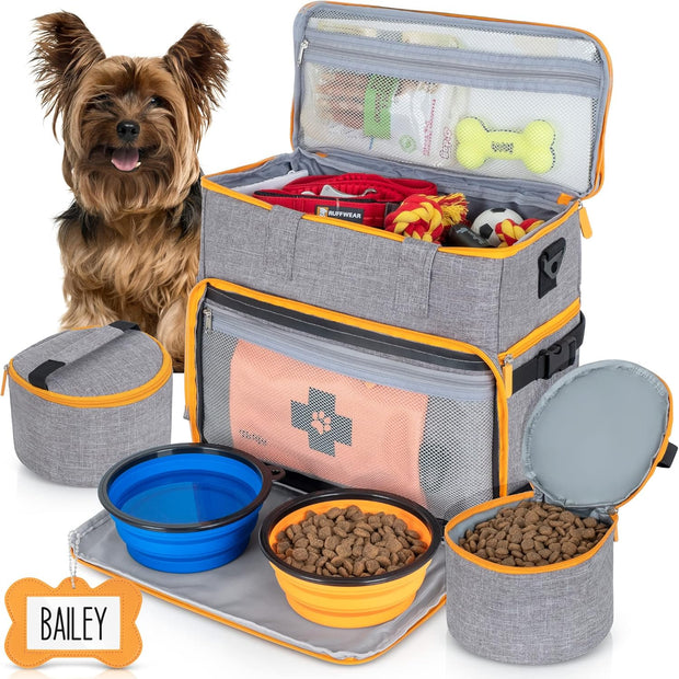 Dog Travel Bag Airline Approved Travel Set for Dog and Cat Tote Organizer with Multi Function Pockets, 2 Food Containers and Collapsible Bowls, Weekend Away Dog Bag for Travel Accessories - Gray