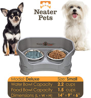 Neater Feeder Deluxe Small Mess Proof Feeder for Small Dogs & Cats, 1-1/2 Cup Food & 2-1/4 Cup Water Stainless Steel Bowls, Elevated, No Spill, Non-Tip, Non-Slip. Made in USA