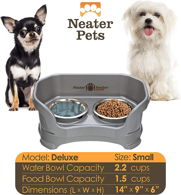 Neater Feeder Deluxe Small Mess Proof Feeder for Small Dogs & Cats, 1-1/2 Cup Food & 2-1/4 Cup Water Stainless Steel Bowls, Elevated, No Spill, Non-Tip, Non-Slip. Made in USA