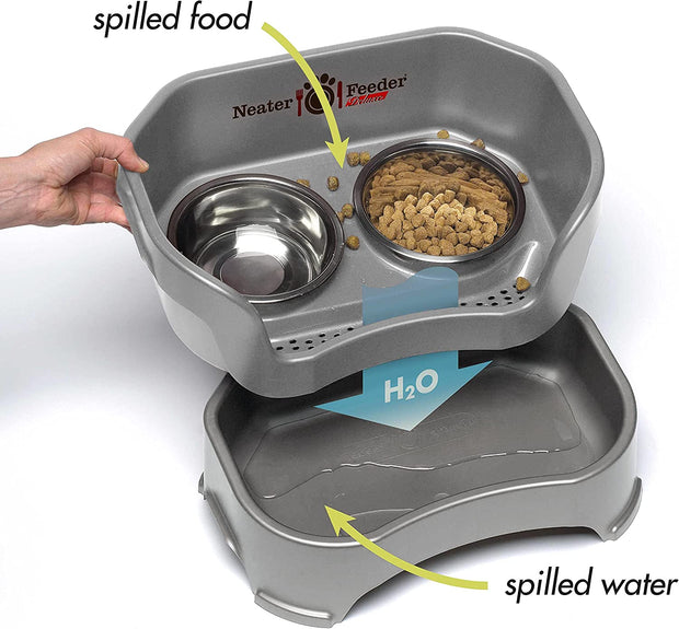 Neater Feeder Deluxe Small Mess Proof Feeder for Small Dogs & Cats, 1-1/2 Cup Food & 2-1/4 Cup Water Stainless Steel Bowls, Elevated, No Spill, Non-Tip, Non-Slip. Made in USA