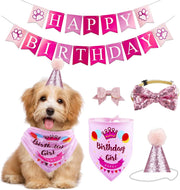 Dog Birthday Party Supplies Bandana Hat Banner Set Boy Girl Cute Bow Tie Scarf Dog Birthday Decorations (Pink，Dog Girl)